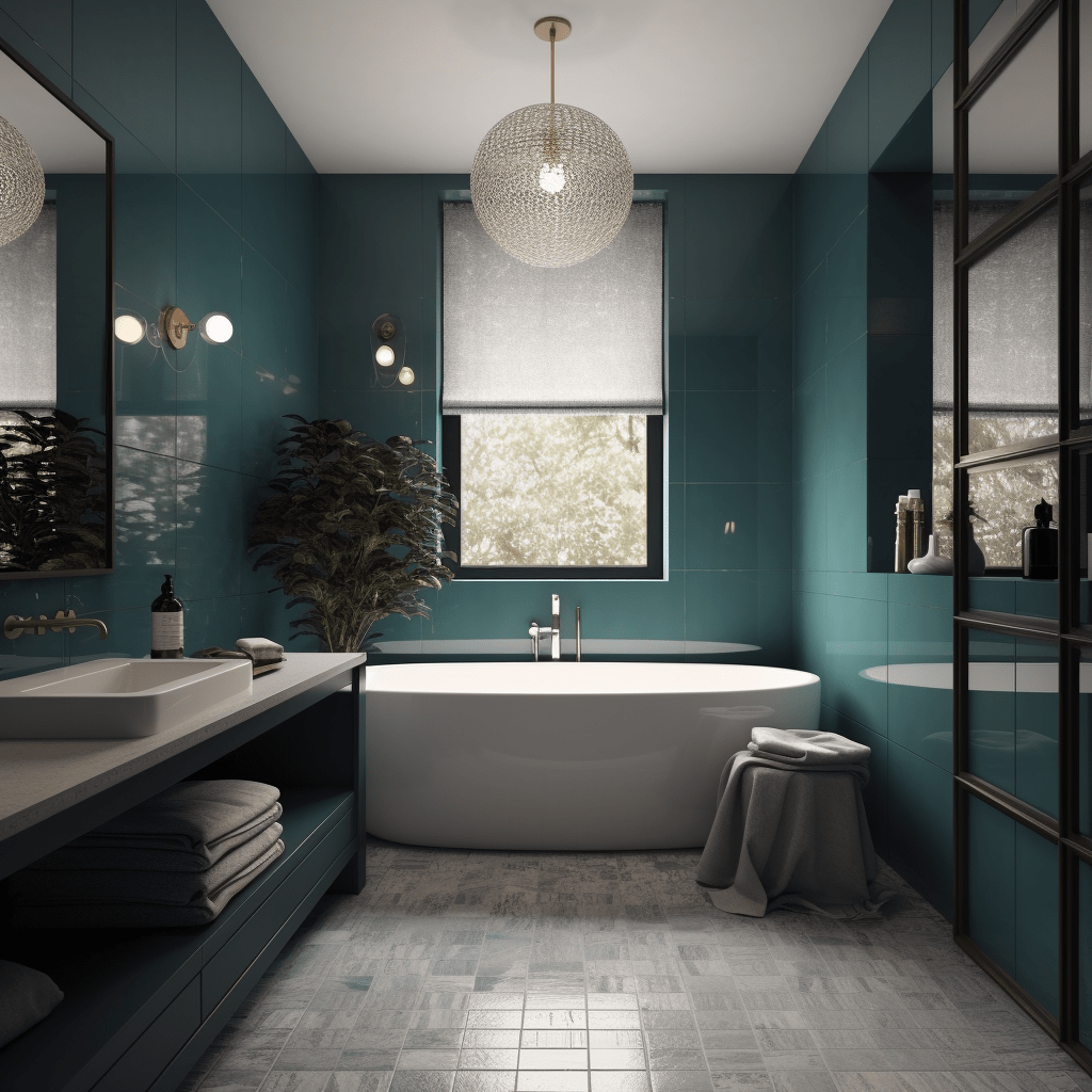 Salle de bain bleu canard et gris