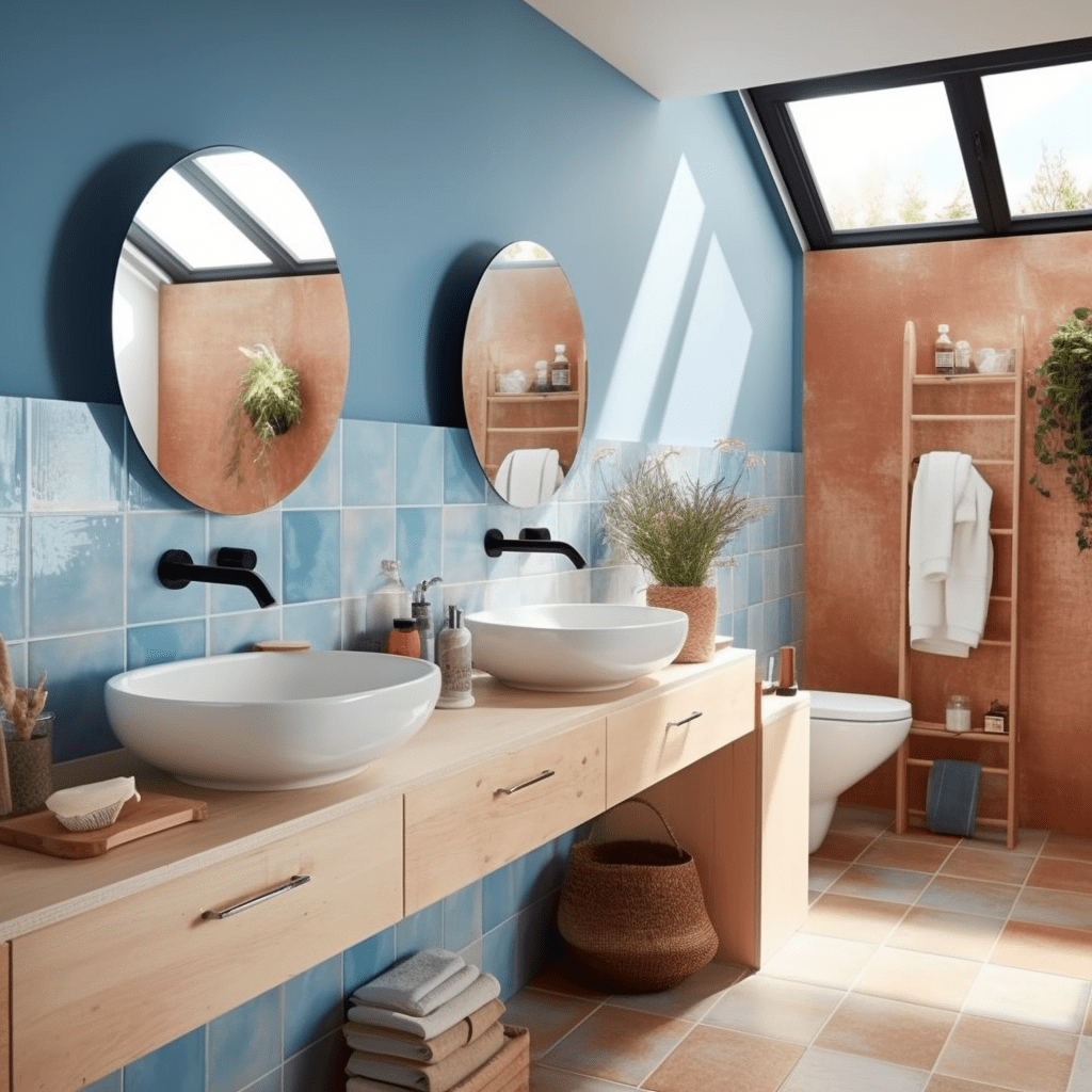 Salle de bain terracotta et bleu
