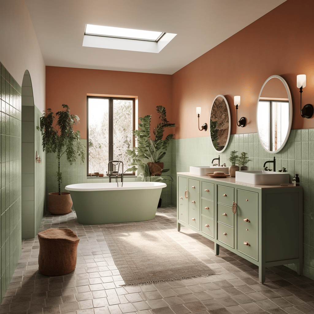 Salle de bain terracotta et vert