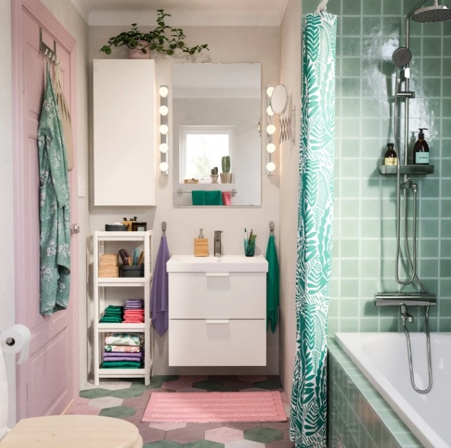 salle de bains rose poudre et vert