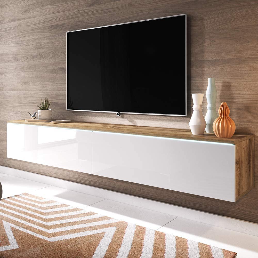 meuble tv suspendu 180 cm blanc et bois