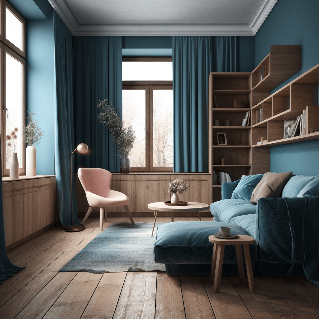 Salon mur bleu canard et bois
