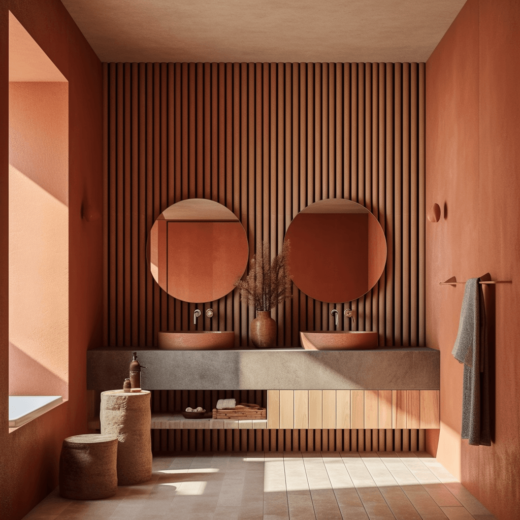 salle de bain terracotta et tasseaux de bois
