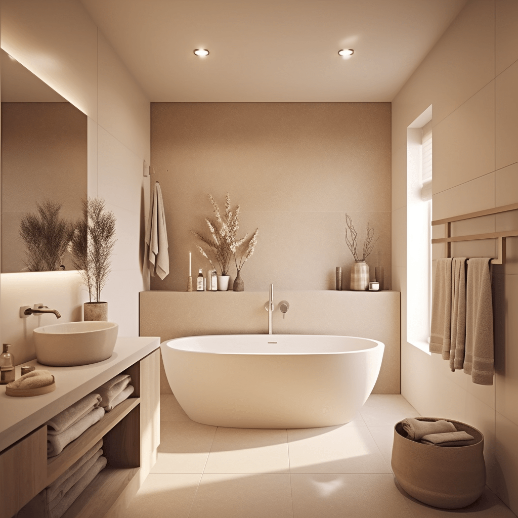 salle de bains beige avec baignoire