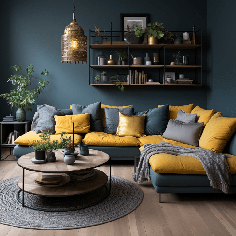 Salon bleu canard et moutarde : 13 idées déco à découvrir