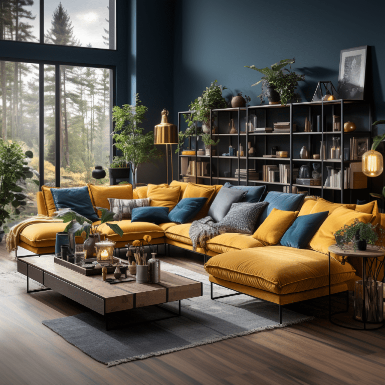 Salon bleu canard et moutarde : 13 idées déco à découvrir