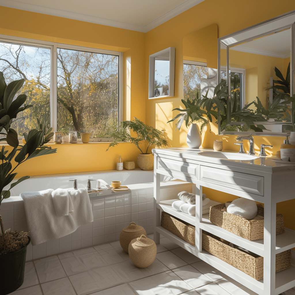 salle de bain jaune moutarde et blanc