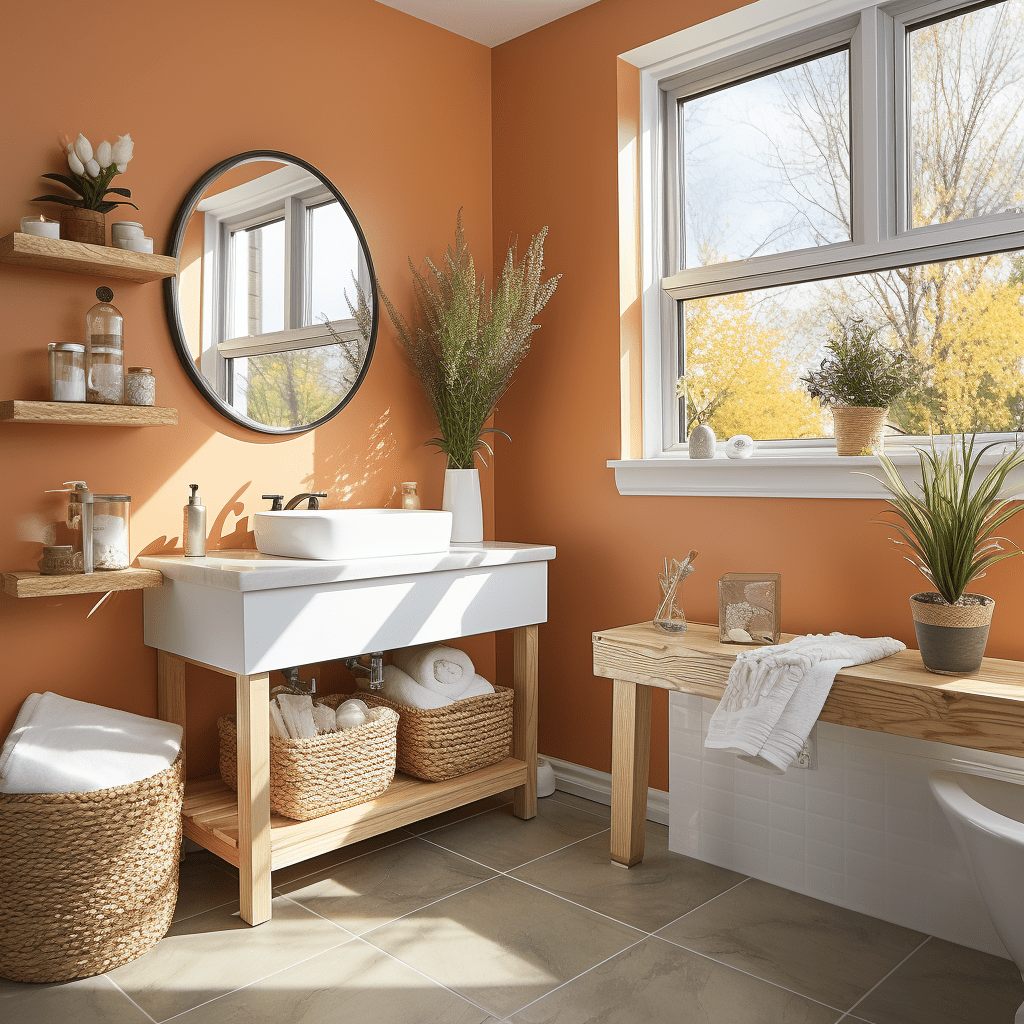 salle de bain orange et bois