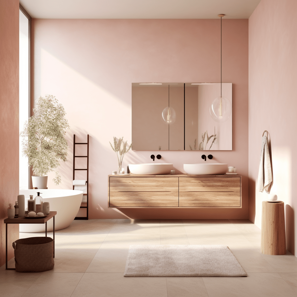 salle de bain rose poudré et bois