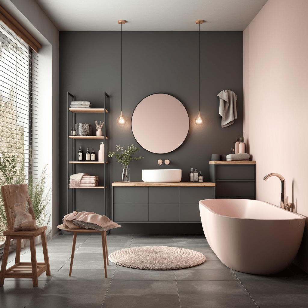 salle de bain rose poudré et gris anthracite