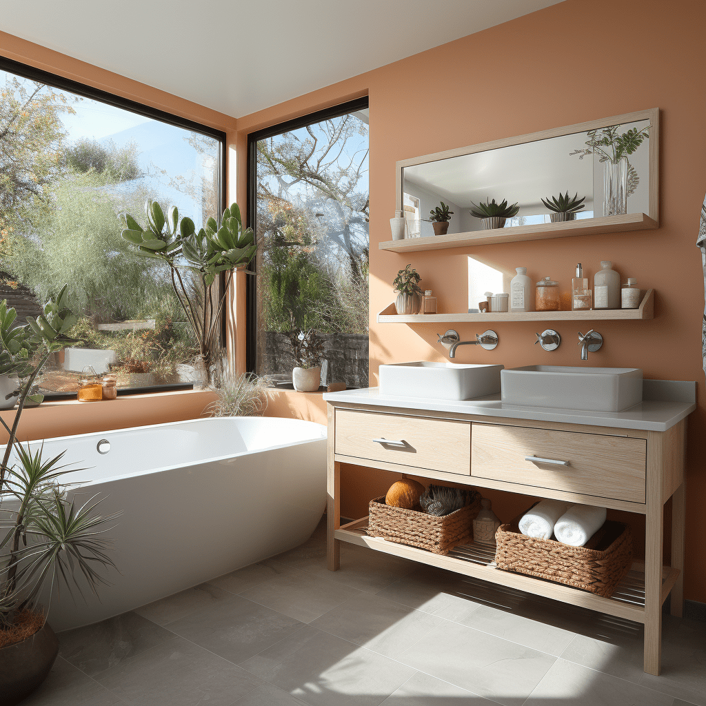 salle de bains orange et bois