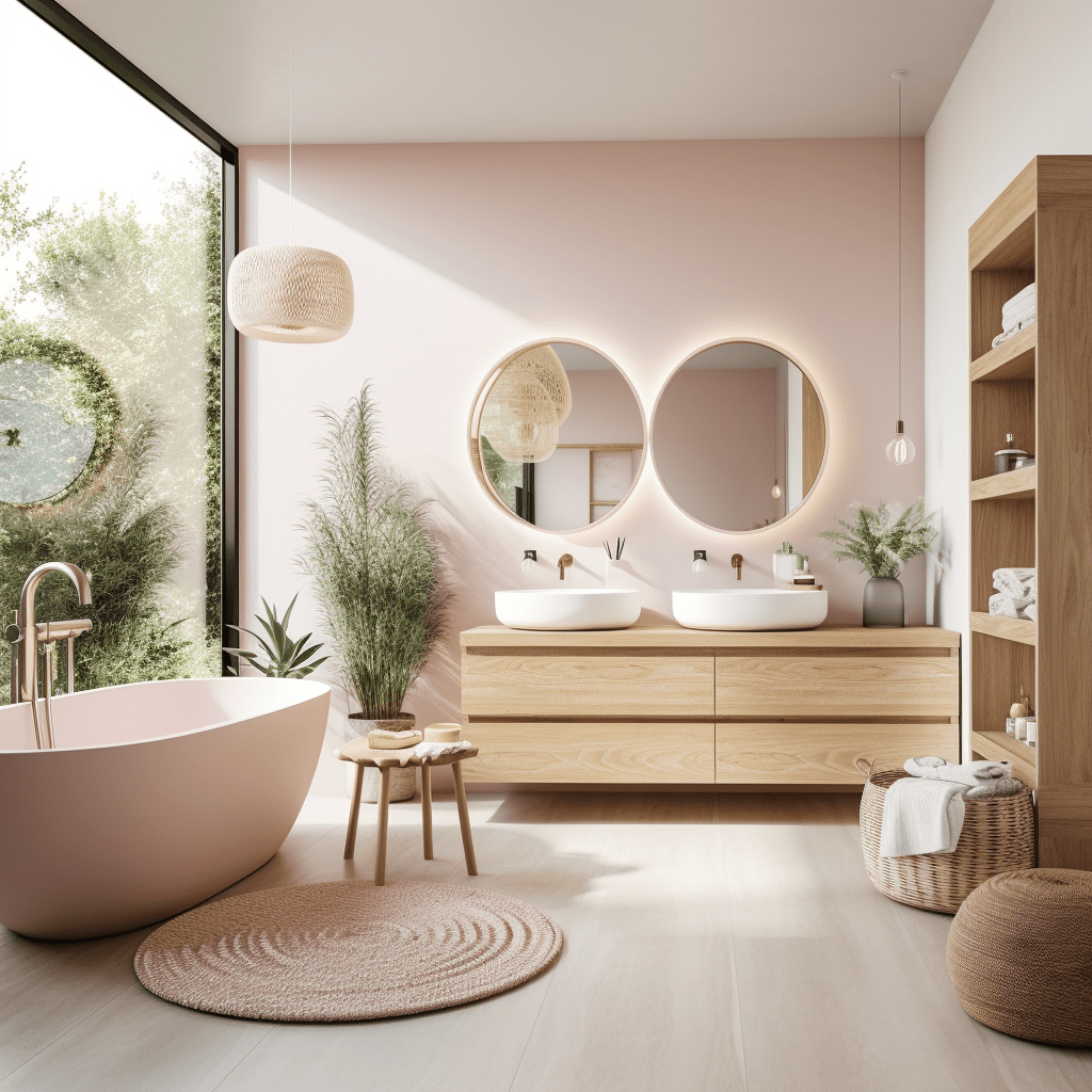 salle de bains rose poudré et bois