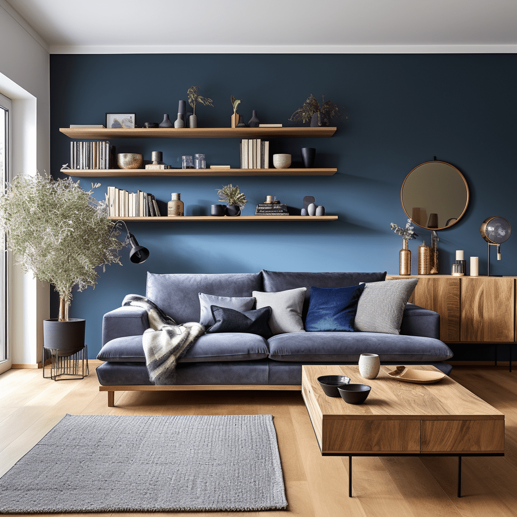 salon bleu nuit et bois moderne