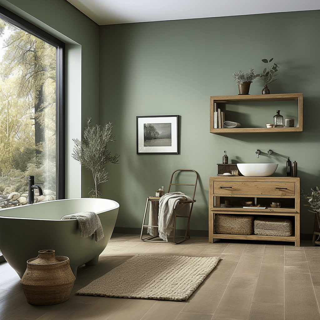 vert olive et bois salle de bains