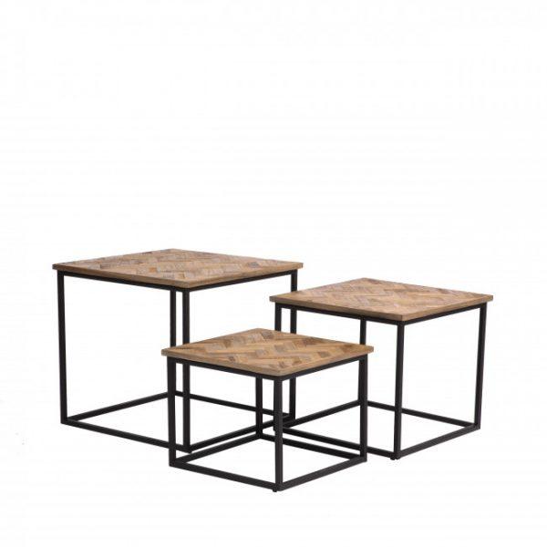 3 tables basses gigognes carrées en métal et teck recyclé - BOBOKAN Bois clair noir - Drawer