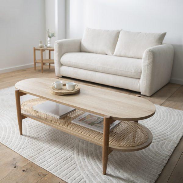Table basse ovale en bois et cannage - ELLOS Bois clair - Drawer